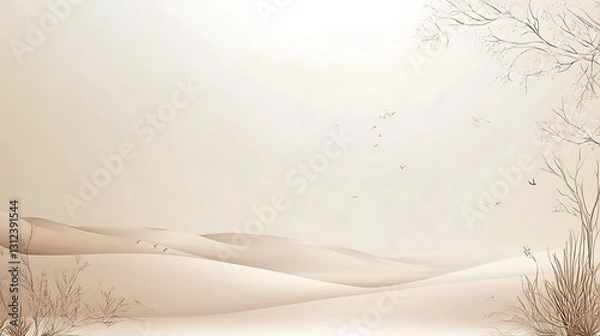 Fototapeta Serene desert landscape with subtle, minimalist line art of plants and trees, soft lighting