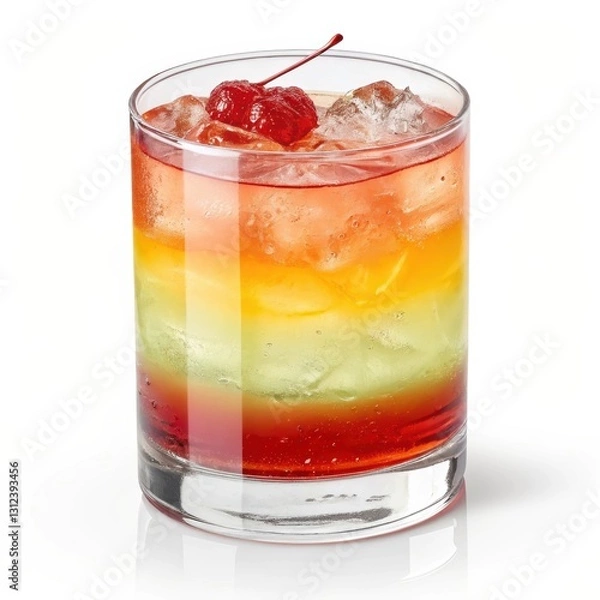 Fototapeta Colorful layered cocktail with cherry garnish, perfect for summer parties and vibrant celebrations.
