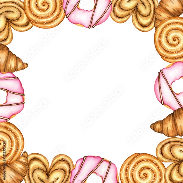 Fototapeta Watercolor png illustration: square frame of sweet pastries: square frame of sweet pastries: buns, croissants, donuts with cream. Hand drawn border on transparent. For menu café, coffee house, bakery