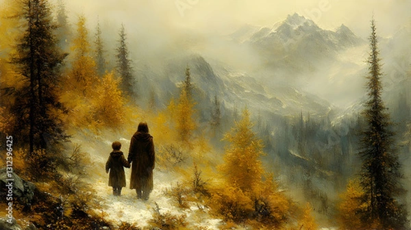 Fototapeta Misty mountain path, figures walk, autumn