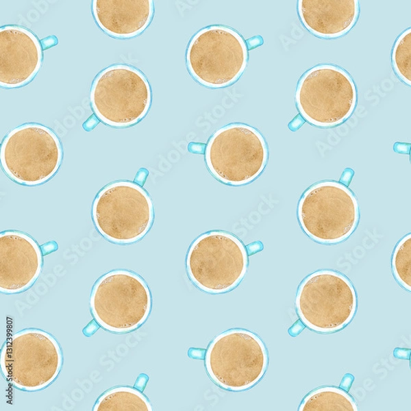 Fototapeta Watercolor seamless pattern: ceramic turquoise coffee mug cappuccino latte with cream on blue. Element for design menu café, coffee house, bakery, flyer, wrapping, interior decor, wallpaper, textile