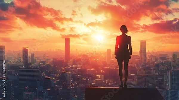 Fototapeta Silhouette of a woman looking out over a cityscape at sunset
