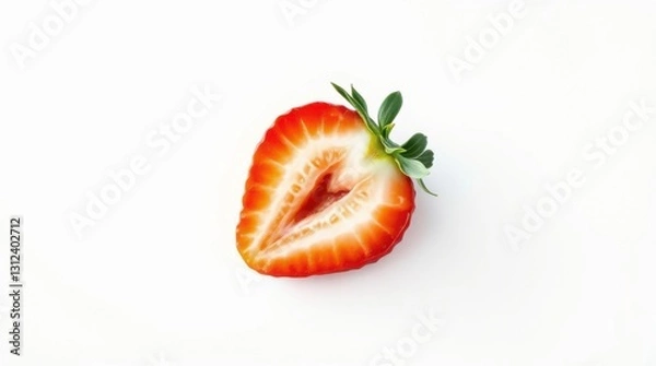Fototapeta A vibrant, halved strawberry with green stem, revealing a juicy red interior against a clean white backdrop.