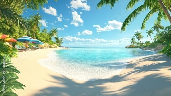 Fototapeta A scenic tropical beach features clear water and palm trees under the sky