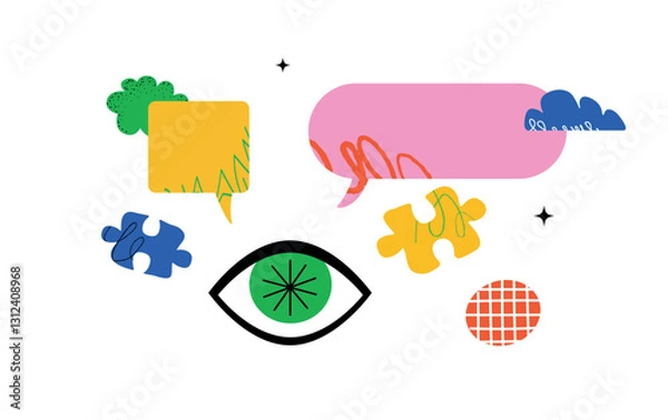 Fototapeta A vivid illustration depicting a large eye, speech bubbles, and puzzle pieces. A metaphor for vision, creativity, and wisdom.