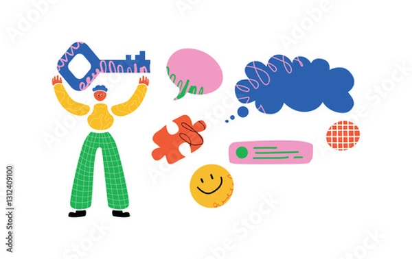 Fototapeta A vivid illustration with a stylized figure holding a large key, surrounded by speech bubbles, a puzzle piece and a smiley face. A symbol of achievement and finding a solution.