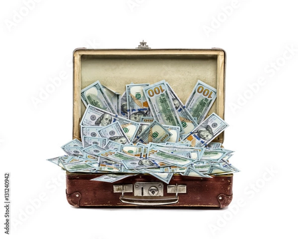 Fototapeta Open old vintage suitcase full of money, business concept