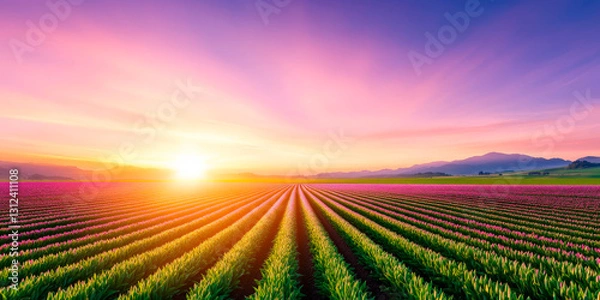 Fototapeta Endless Rows Of Tulips Blooming Under A Vibrant Sunrise In A Scenic Countryside. Concept Of Growth, Renewal, And Springtime Beauty. Ideal For Travel, Marketing, And Seasonal Promotions.