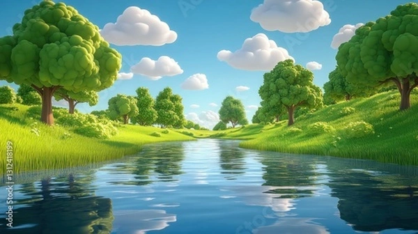 Fototapeta A serene cartoon river landscape features lush green trees and fluffy clouds