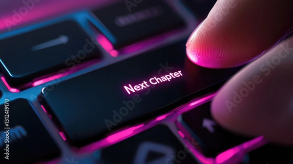 Fototapeta Next Chapter Button Cyberpunk Keyboard, Finger Pressing Key