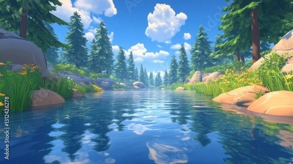 Fototapeta A Beautiful Forest Landscape Featuring Calm River And Blue Sky
