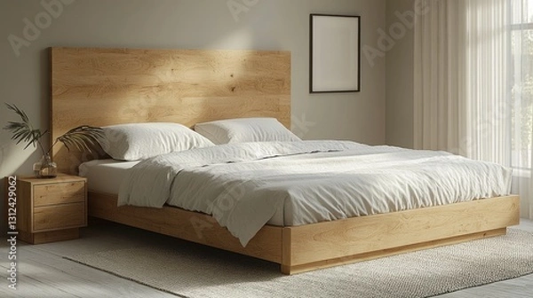Fototapeta A modern bedroom setup featuring a bed and minimalist decor