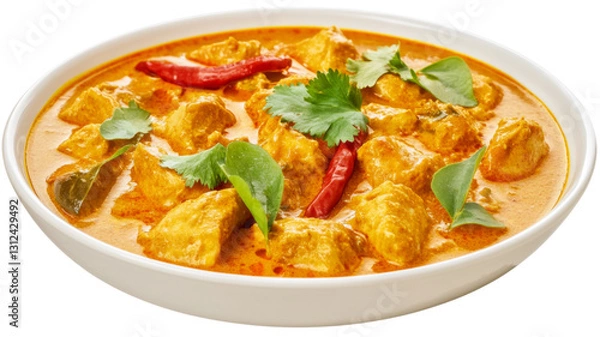 Fototapeta Delicious chicken curry with coriander and chili peppers in white bowl on transparent background