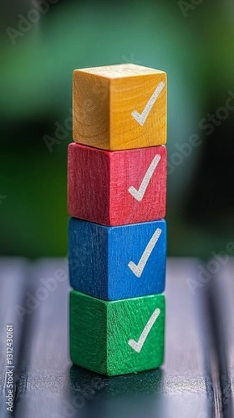 Fototapeta Colorful Wooden Blocks Stacked with Check Marks: A Symbol of Success and Accomplishment, Perfect for Business, Task Management, and Positive Affirmation Concepts