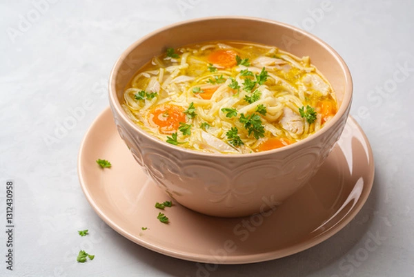 Fototapeta Chicken soup with noodles and vegetables in bowl on concrete background