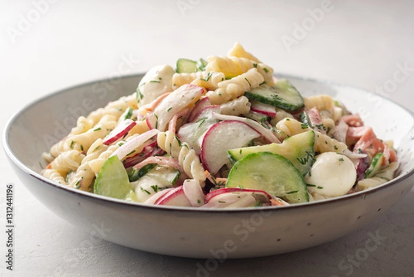 Fototapeta Pasta salad with vegetables, sausage and mozzarella cheese in plate on concrete background