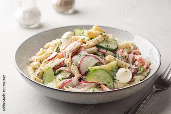 Fototapeta Pasta salad with vegetables, sausage and mozzarella cheese in plate on concrete background