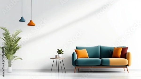 Fototapeta Teal sofa with orange and yellow cushions in a minimalist living room with plants and pendant lights against a white wall.