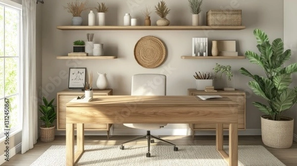 Fototapeta A well lit and organized modern home office work space
