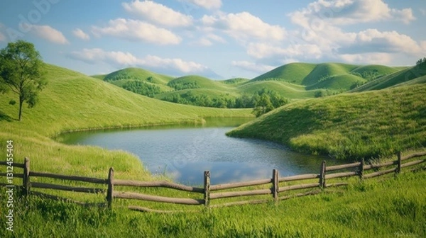 Fototapeta Serene rural landscape with a pond, rolling hills, and a rustic fence