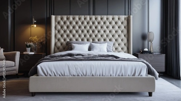 Fototapeta A luxurious bedroom featuring a bed with button tufted headboard