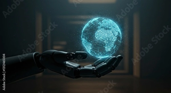 Fototapeta A robotic hand holding a hologram of Earth