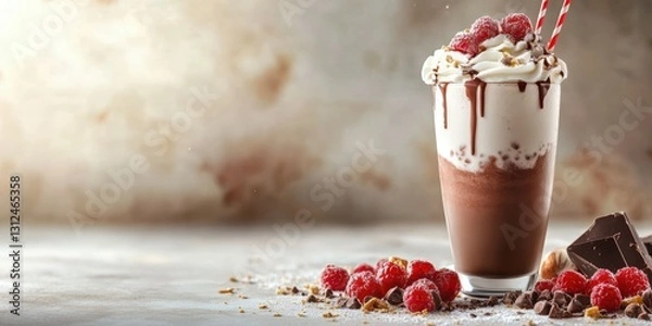 Fototapeta Delicious chocolate milkshake topped with whipped cream and raspberries served in a tall glass with straws