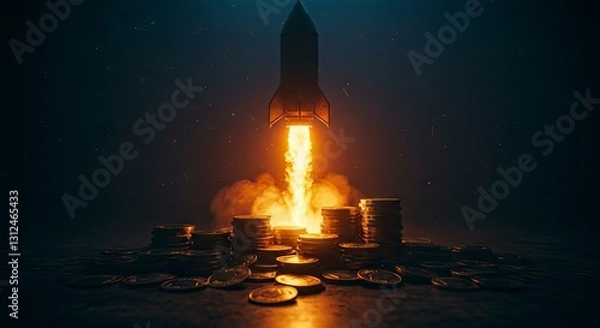 Fototapeta A rocket rising from a pile of coins