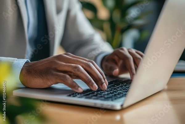 Obraz A businessmans hands typing on a laptop in a well-organized home office for work