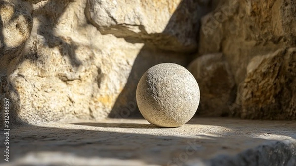 Obraz Stone sphere resting on a sunlit ledge in a stone wall.