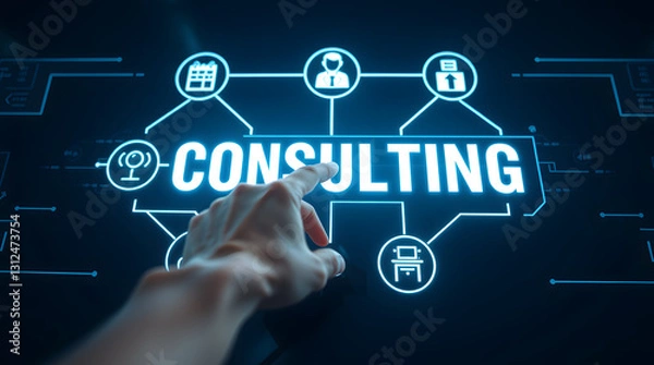 Fototapeta A hand interacts with a futuristic digital interface displaying the word "CONSULTING," surrounded by interconnected icons representing business strategy, finance, analytics, and professional services.