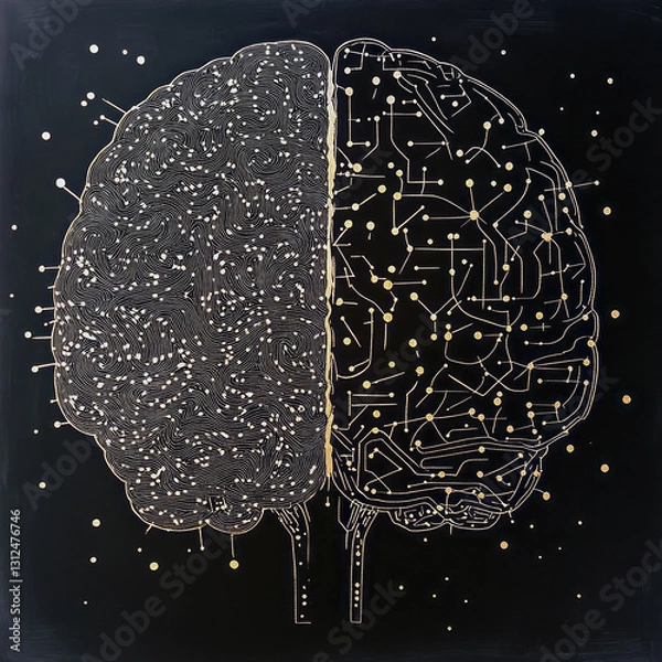 Fototapeta Detailed Brain Illustration with Network Lines and Golden Dots, Futuristic Neural Concept, Generative AI
