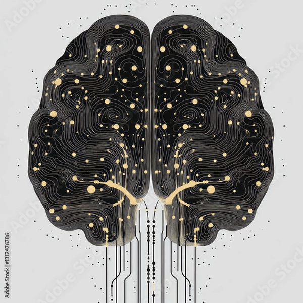 Fototapeta Detailed Brain Illustration with Network Lines and Golden Dots, Futuristic Neural Concept, Generative AI