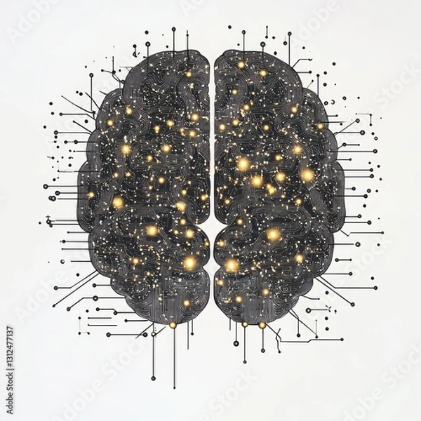 Fototapeta Detailed Brain Illustration with Network Lines and Golden Dots, Futuristic Neural Concept, Generative AI