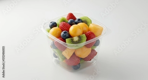 Fototapeta Fresh Fruit Salad in Clear Container - A delicious mix of strawberries, kiwi, blueberries, and cantaloupe in a clear plastic container. Perfect for a healthy snack or dessert