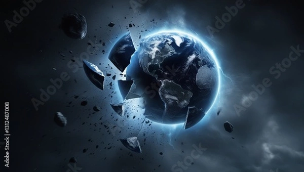 Fototapeta Dark Sci-Fi Earth Destruction with Floating Debris in Space
