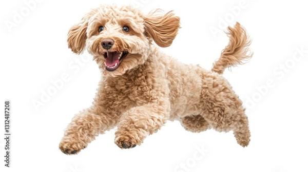 Fototapeta Joyful Doodle Dog Jumping with Curly Fur in a Playful Moment Captured in a High-Quality Stock Photo