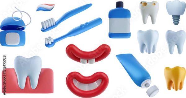 Obraz Stomatology and orthodontics tools. Dental care or treatment design elements in 3d realistic style. Toothpaste, implant, toothbrush, clean and sore tooth. Cartoon vector illustration.