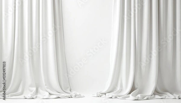 Fototapeta Front view of white textile curtains isolated. Elegant fabric drapes in studio shot. Luxury interior design element with soft folds, modern window decor, home and stage background.