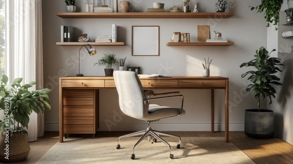 Obraz A Modern Home Office Desk Arrangement with Natural Light and Plants