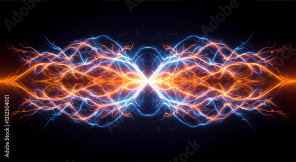 Fototapeta Vibrant digital visualization of electric energy with contrasting blue and orange lightning bolts against a black background, creating a powerful visual representation of opposing forces.