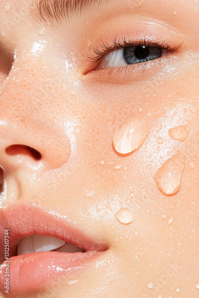 Fototapeta Close up of woman cheek with water droplets symbolizing freshness and hydration, highlighting smooth skin texture and natural beauty