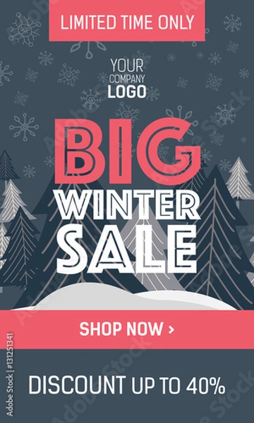 Fototapeta Gray and pink web banner big winter sale with trees, plate special offer and shop now