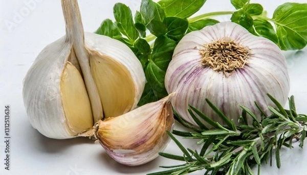 Fototapeta Garlic and Herbs Arranged in Top View Isolated on a White Background