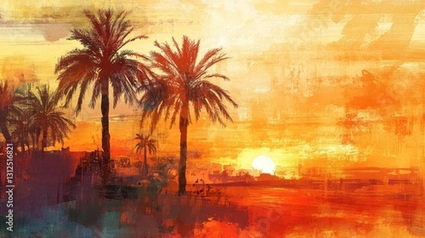 Fototapeta Painting of palm trees silhouetted against the setting sun