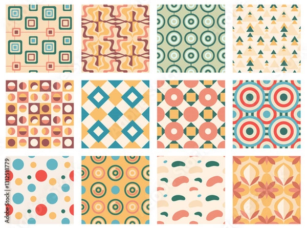 Obraz Colorful geometric patterns with modern design elements. Retro background vector illustration. Abstract vintage pattern with variety of geometric shapes and colors, circles, diamonds, squares