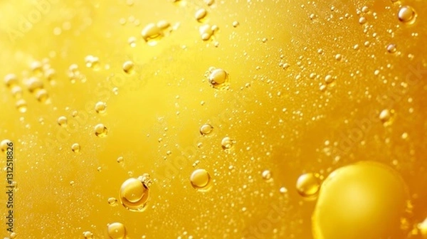Fototapeta Shiny yellow oil bubbles create a textured background.  Ideal for banners, backdrops, or 3D designs.