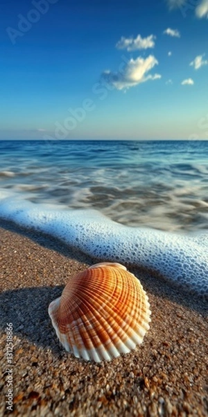Obraz Beautiful seashell resting on sandy beach with gentle ocean waves at sunset