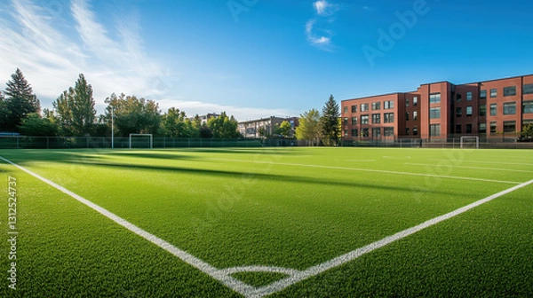Fototapeta University Campus Football Pitch with Lush Green Turf, Ideal for Athletic Events and Games, Featuring Expansive Open Space for Text or Visual Elements