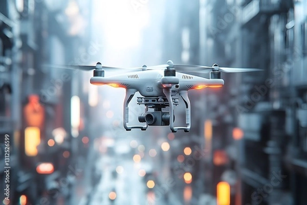 Fototapeta A sleek drone delivers packages in a smart city, symbolizing the future of e-commerce and logistics. The modern, futuristic feel makes it ideal for articles or ads on smart delivery solutions.
